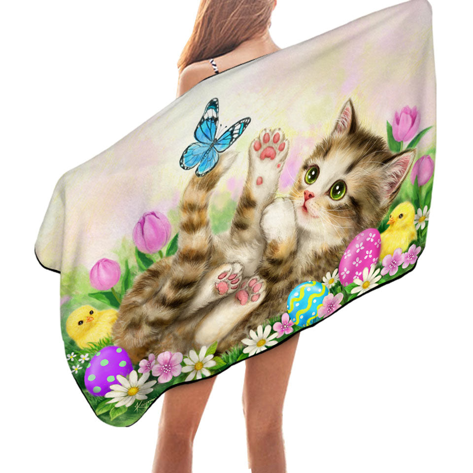 Holiday Pool Towels Kitten and Chicks in the Easter Garden