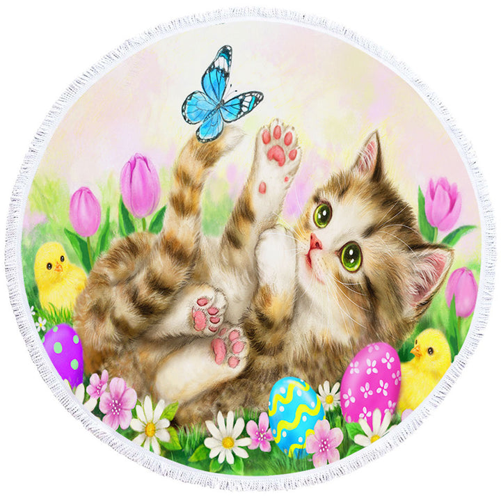 Holiday Round Beach Towel Kitten and Chicks in the Easter Garden