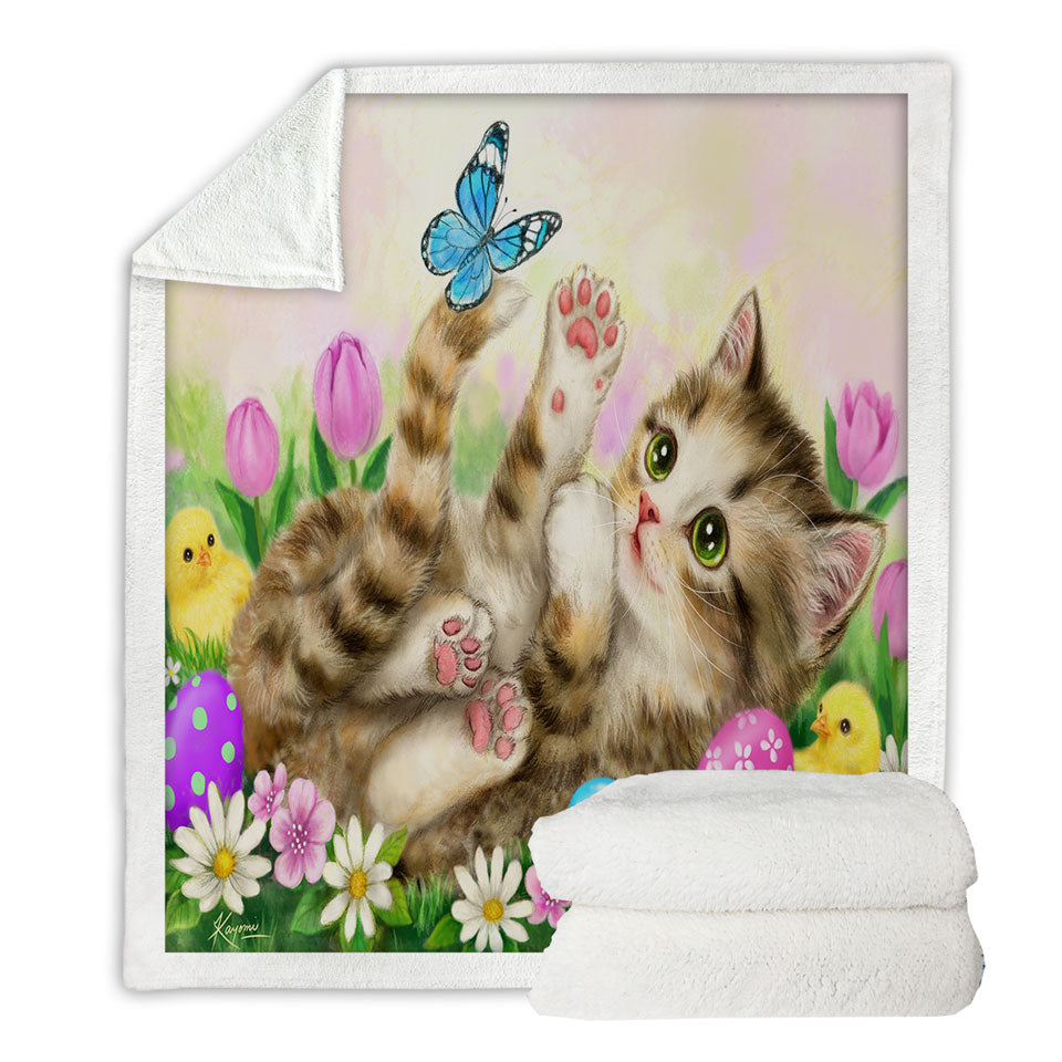 Holiday Sherpa Blanket Kitten and Chicks in the Easter Garden