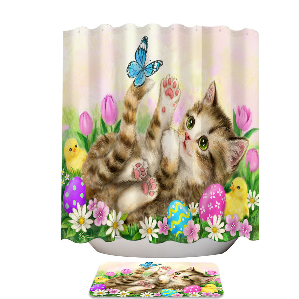 Holiday Shower Curtains Kitten and Chicks in the Easter Garden