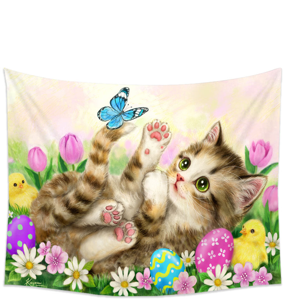 Holiday Tapestries Wall Decor Kitten and Chicks in the Easter Garden