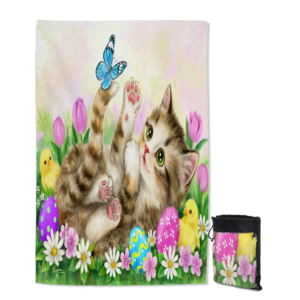 Holiday Travel Beach Towel Kitten and Chicks in the Easter Garden