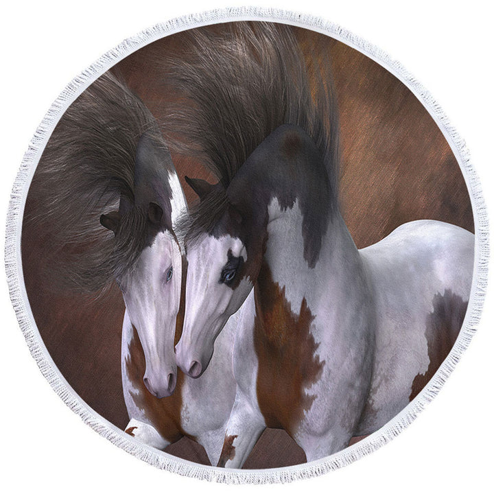Horse Art Circle Beach Towel Two Young White Brown Pinto Horses