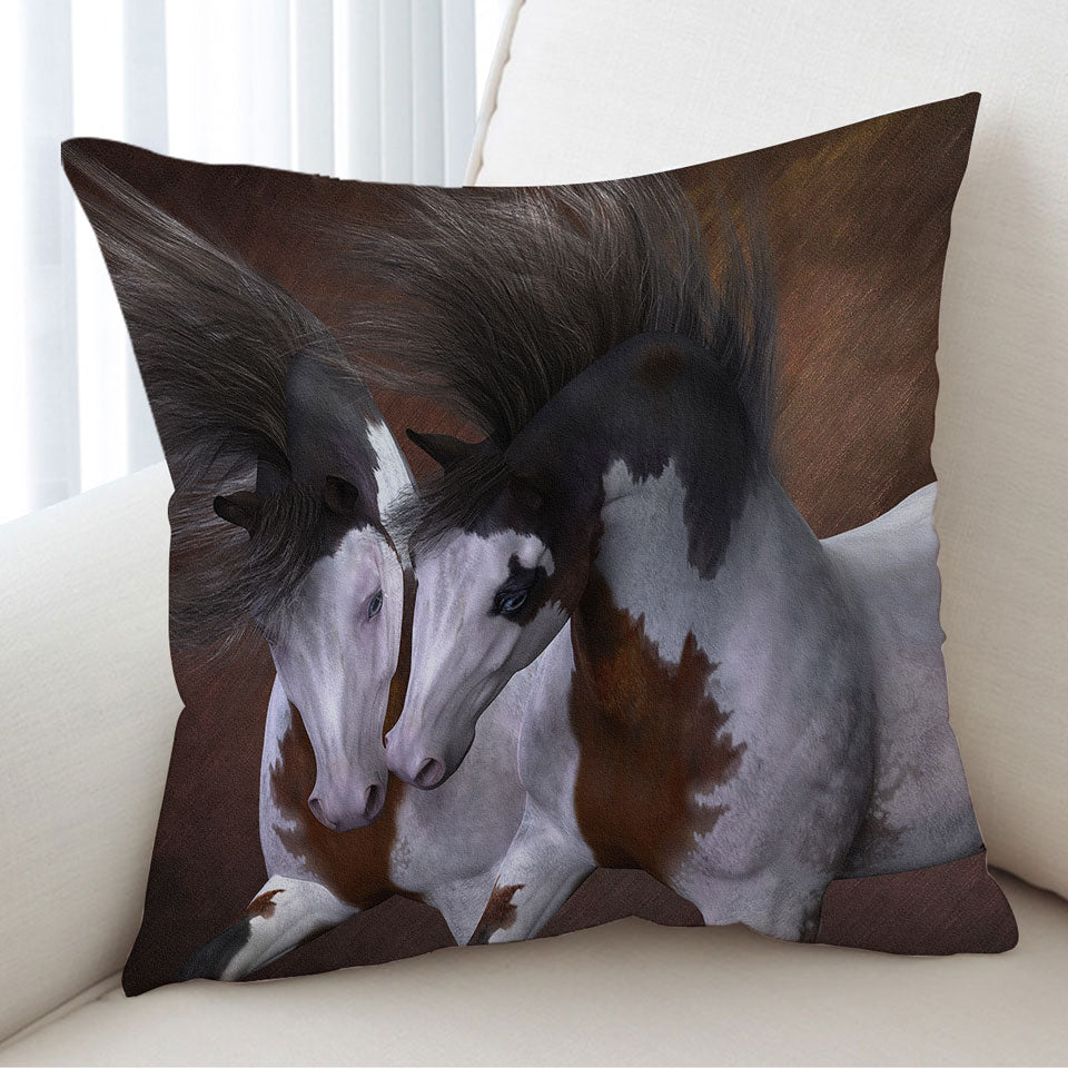 Horse Art Decorative Pillows Two Young White Brown Pinto Horses