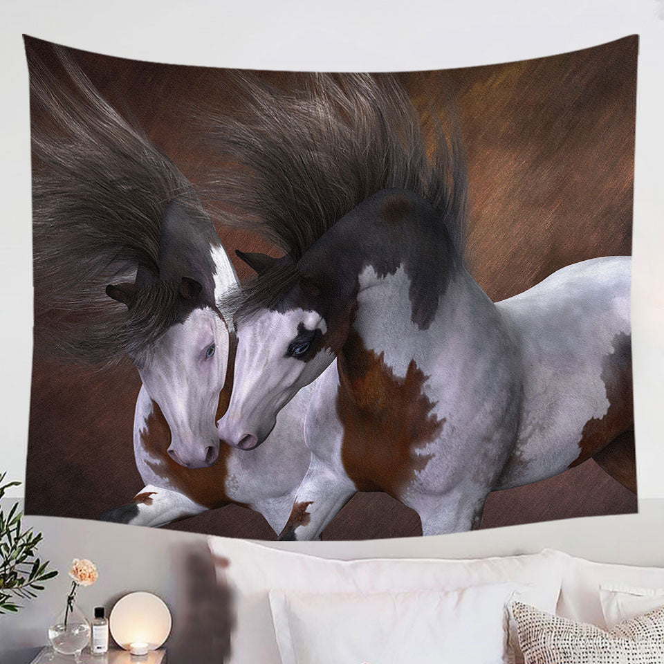 Horse-Art-Tapestry-Wall-Hanging-Two-Young-White-Brown-Pinto-Horses