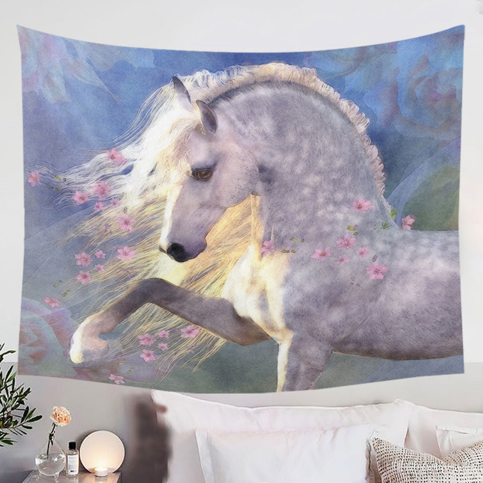 Horse-Tapestry-Art-Beautiful-Pink-Flowery-White-Horse