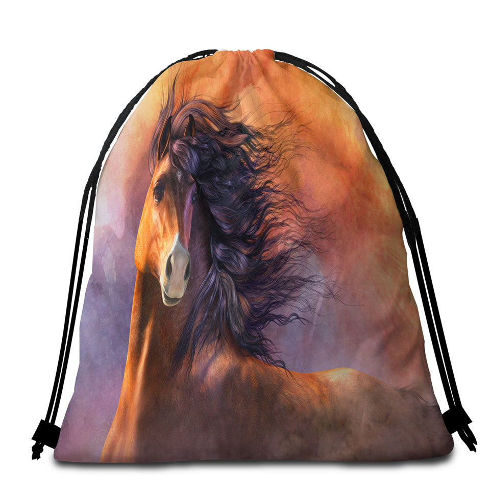 Stunning Black Horse Packable Beach Towel the Black Thunder Horses Art