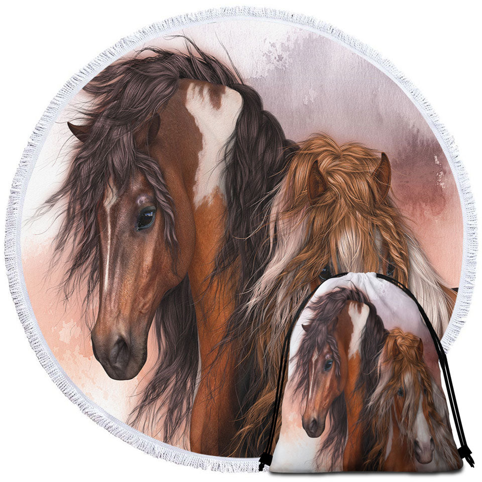 Horses Art Two Brown Pinto Horses Round Towel