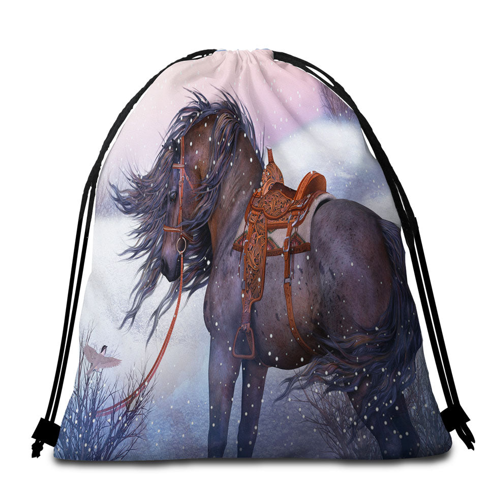 Horses Beach Towel Bags Art Honorable Brown Horse in Winter Snow