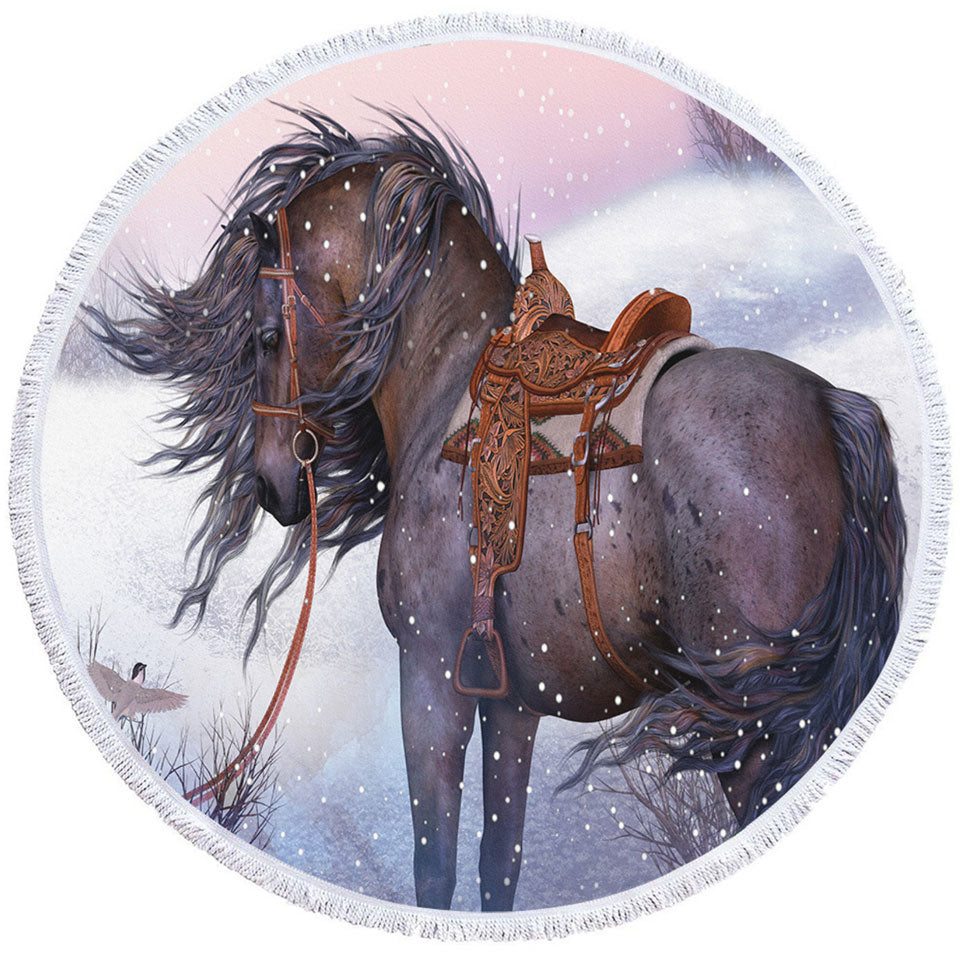 Horses Circle Beach Towel Art Honorable Brown Horse in Winter Snow