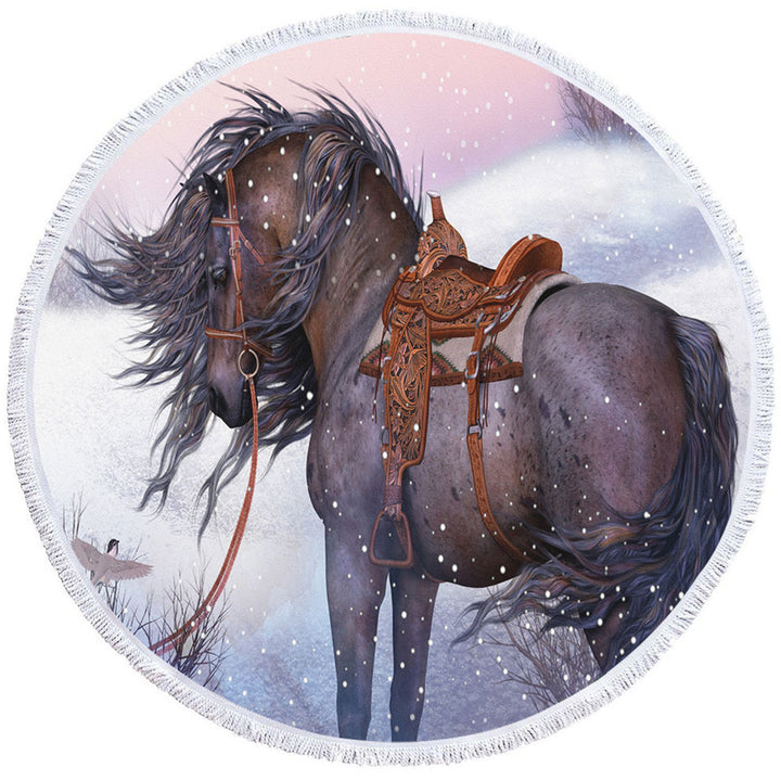 Horses Circle Beach Towel Art Honorable Brown Horse in Winter Snow