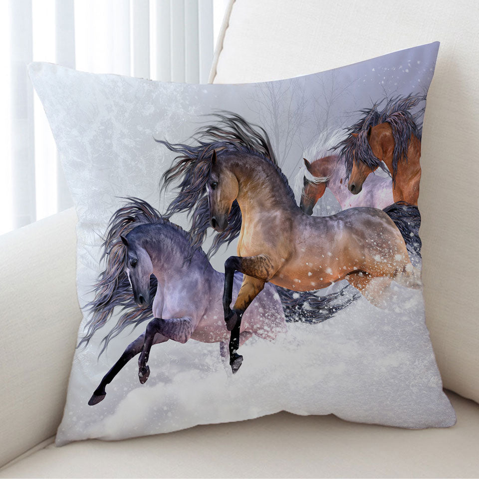 Horses Cushion Covers Winters Flight Snow Running Wild Horses