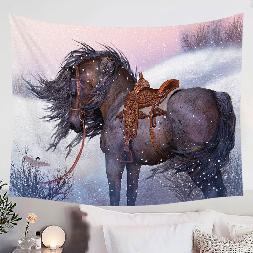 Horses-Wall-Decor-Tapestries-Art-Honorable-Brown-Horse-in-Winter-Snow