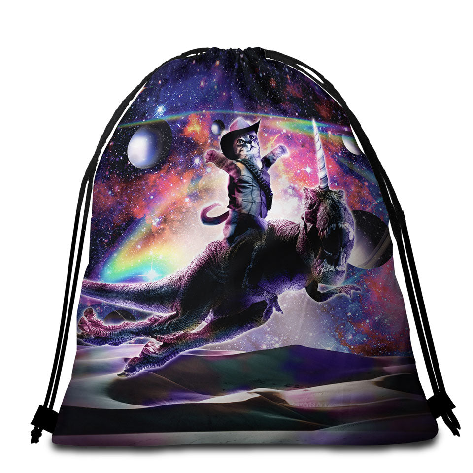 Inexpensive Beach Bags for Towels with Cool Cute and Funny Space Cowboy Cat Riding Dinosaur Unicorn