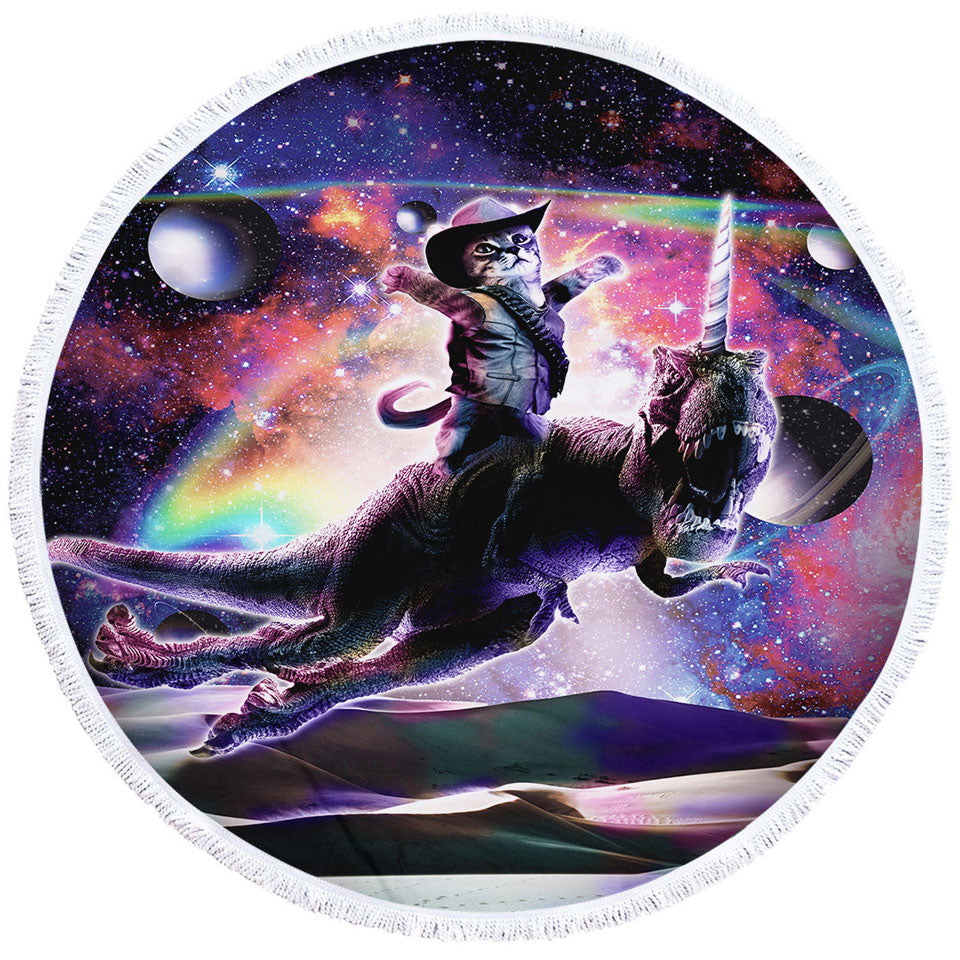Inexpensive Beach Towels with Cool Cute and Funny Space Cowboy Cat Riding Dinosaur Unicorn