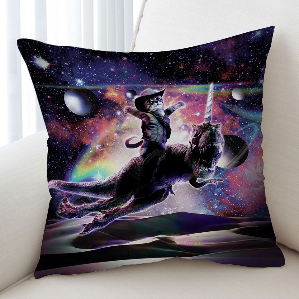 Inexpensive Decorative Cushions with Cool Cute and Funny Space Cowboy Cat Riding Dinosaur Unicorn