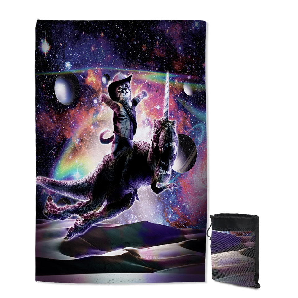 Inexpensive Lightweight Beach Towels with Cool Cute and Funny Space Cowboy Cat Riding Dinosaur Unicorn