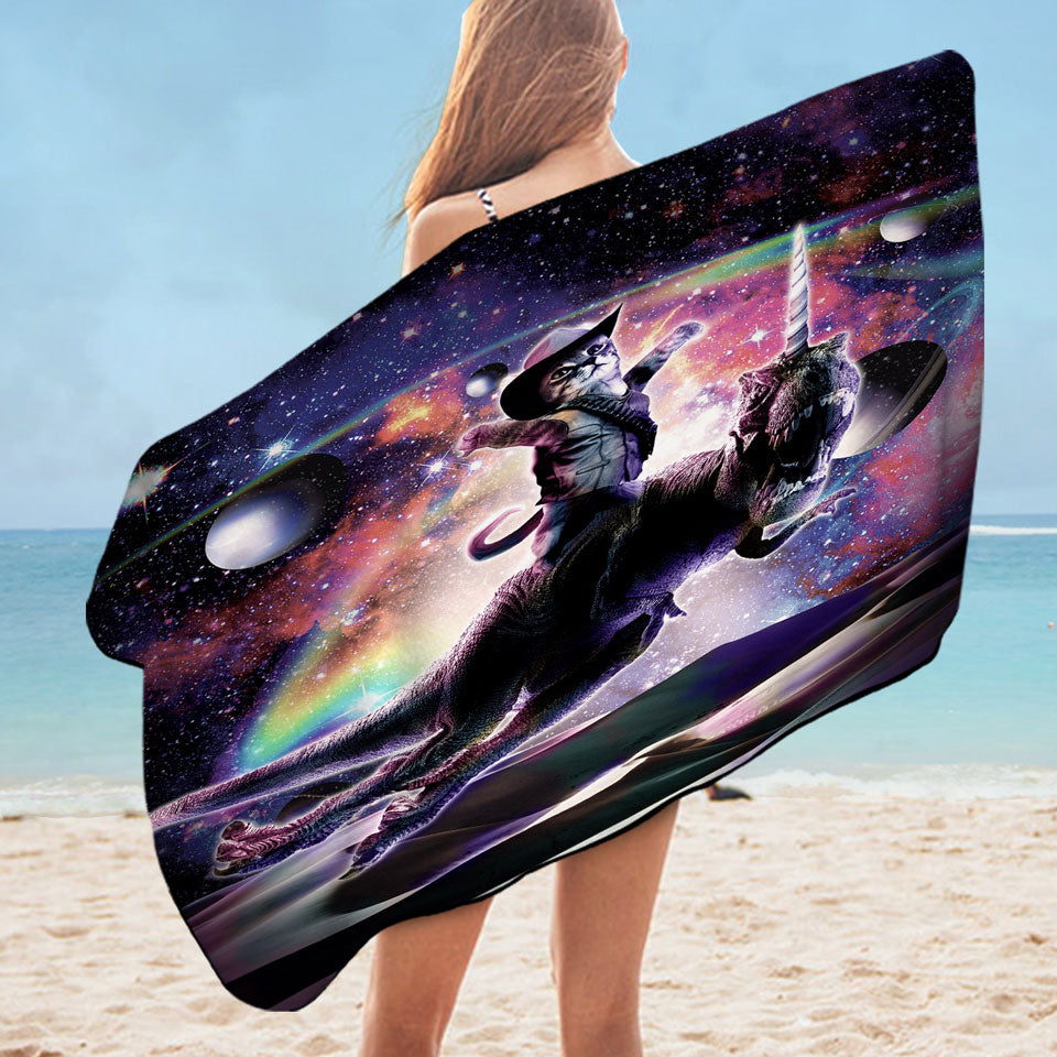 Inexpensive Microfiber Beach Towels with Cool Cute and Funny Space Cowboy Cat Riding Dinosaur Unicorn