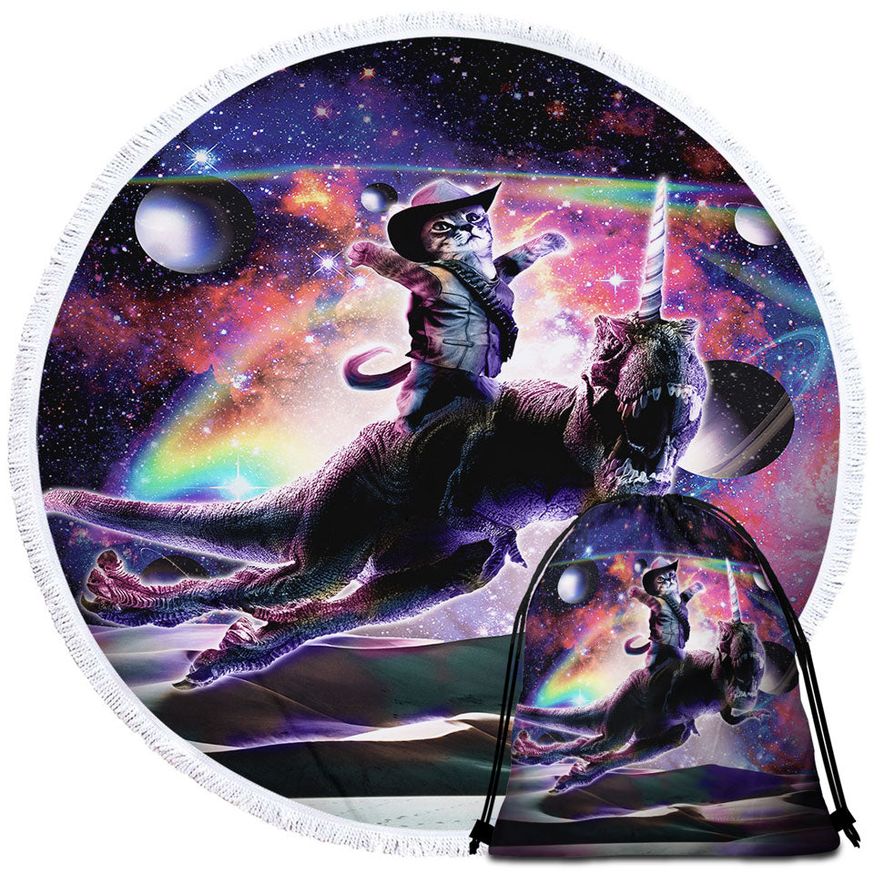 Inexpensive Round Beach Towels with Cool Cute and Funny Space Cowboy Cat Riding Dinosaur Unicorn