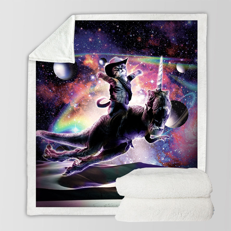 Inexpensive Sherpa Blankets Cool Cute and Funny Space Cowboy Cat Riding Dinosaur Unicorn