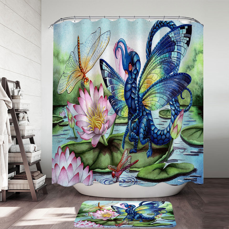 Inexpensive Shower Curtains with Giant Water Lilies Dragonflies and Dragon