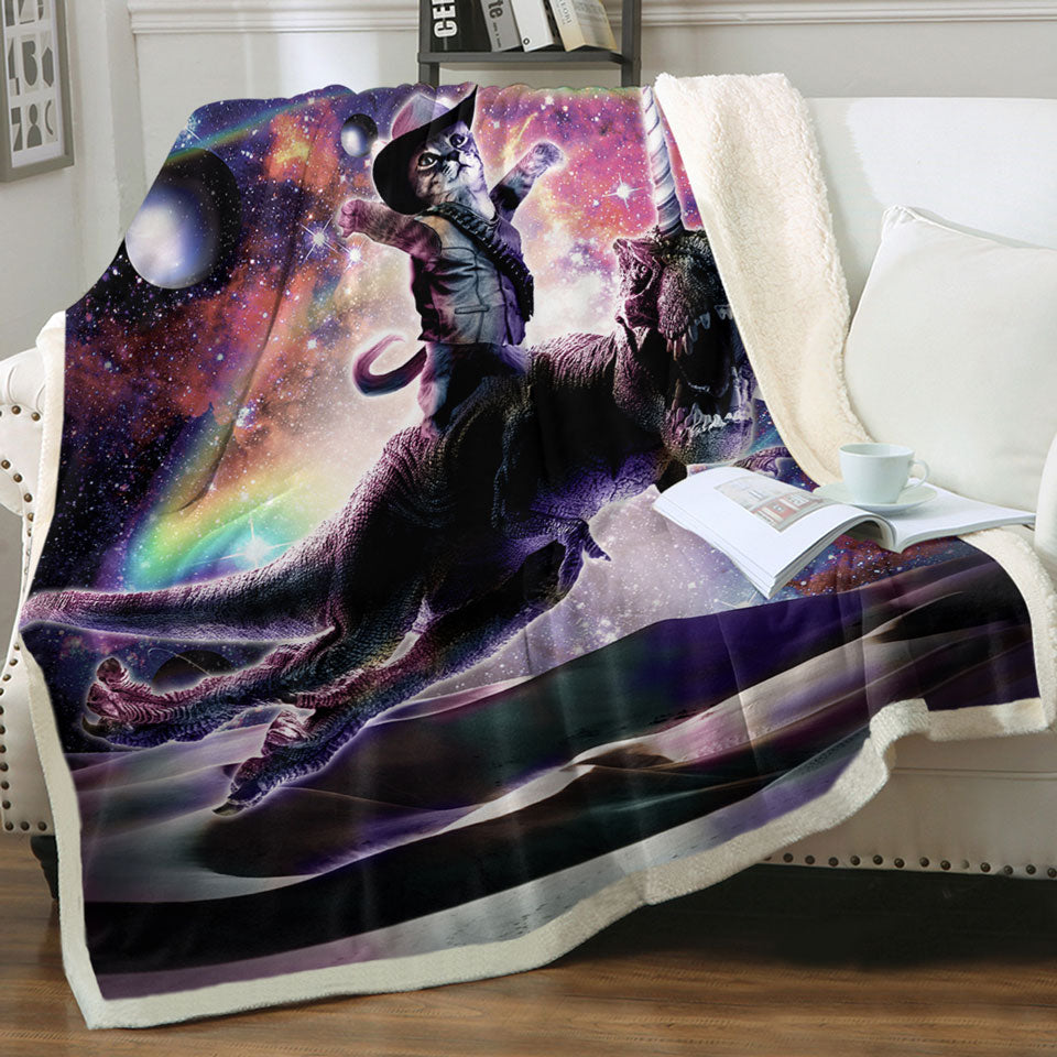 Inexpensive Throw Blankets with Cool Cute and Funny Space Cowboy Cat Riding Dinosaur Unicorn
