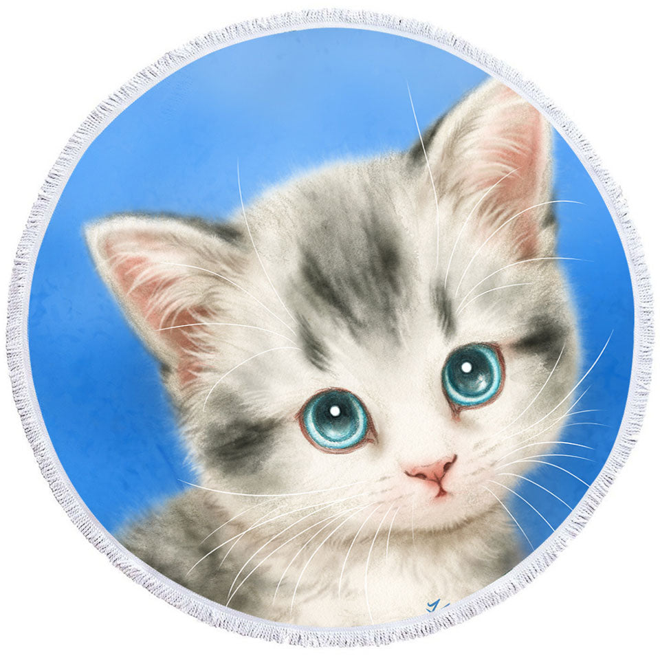 Innocent Round Beach Towel for Baby Blue Eyes Grey Kitty Cat