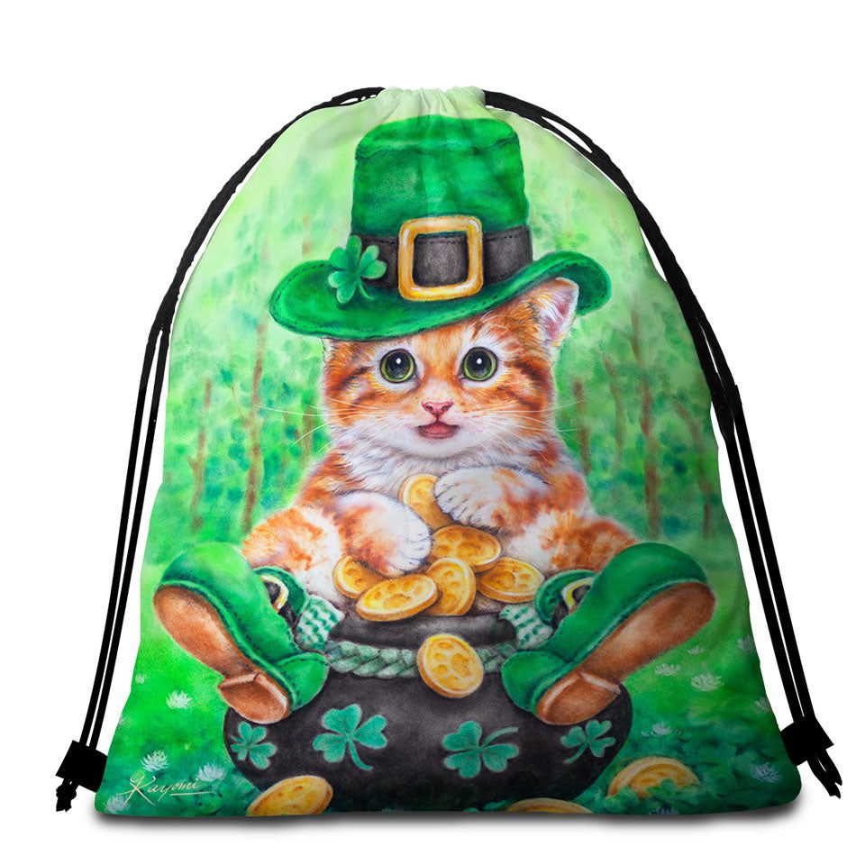 Irish Beach Towels and Bags Set Funny Cats Irish Green Leprechaun Ginger Kitten