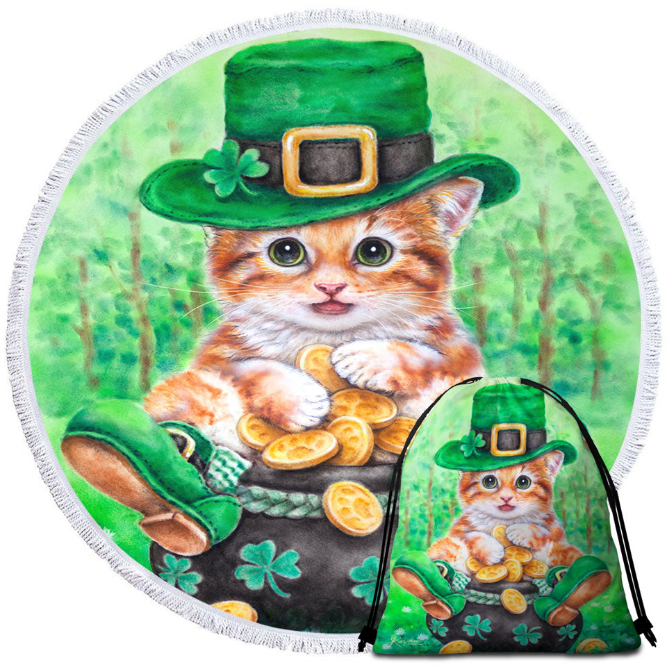 Irish Circle Beach Towel Funny Cats Irish Green Leprechaun Ginger Kitten