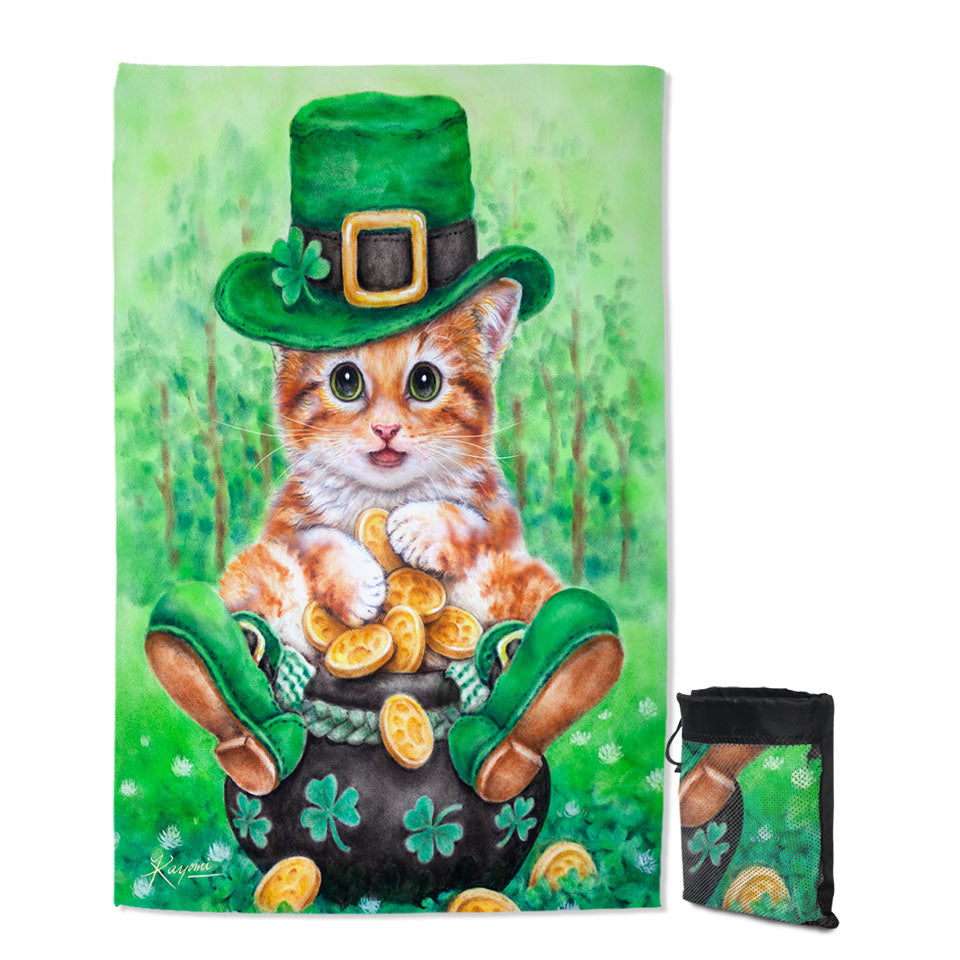 Irish Quick Dry Beach Towel Funny Cats Irish Green Leprechaun Ginger Kitten