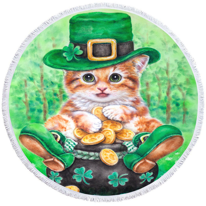 Irish Round Beach Towel Funny Cats Irish Green Leprechaun Ginger Kitten
