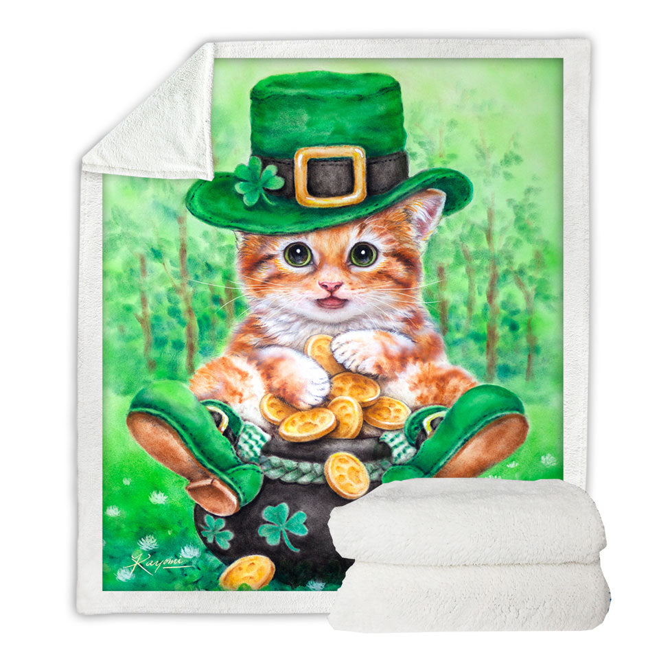 Irish Throw Blanket Funny Cats Irish Green Leprechaun Ginger Kitten