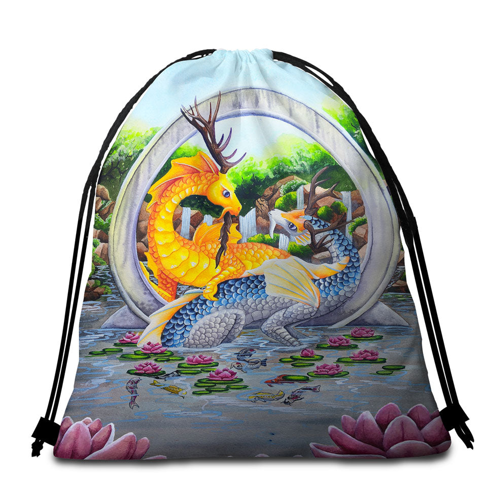 Japanese Art Beach Bags for Towel Water Lilies Garden Unity Koi Dragons