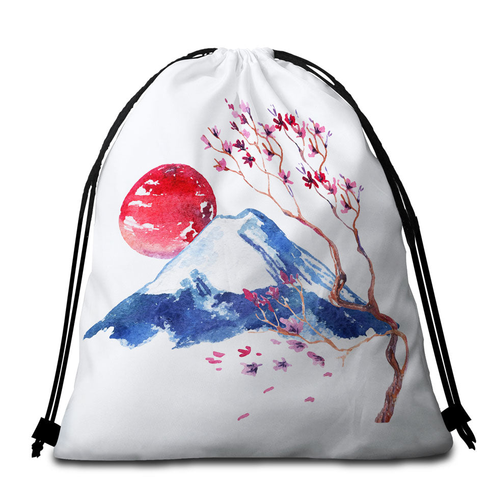 Japanese Art Beach Towel Bags Mountain and Cherry Blossom