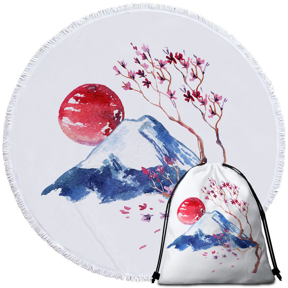 Japanese Art Beach Towels Mountain and Cherry Blossom