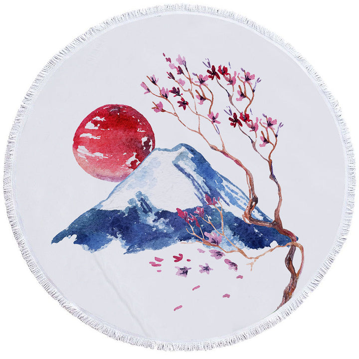 Japanese Art Circle Towel Mountain and Cherry Blossom