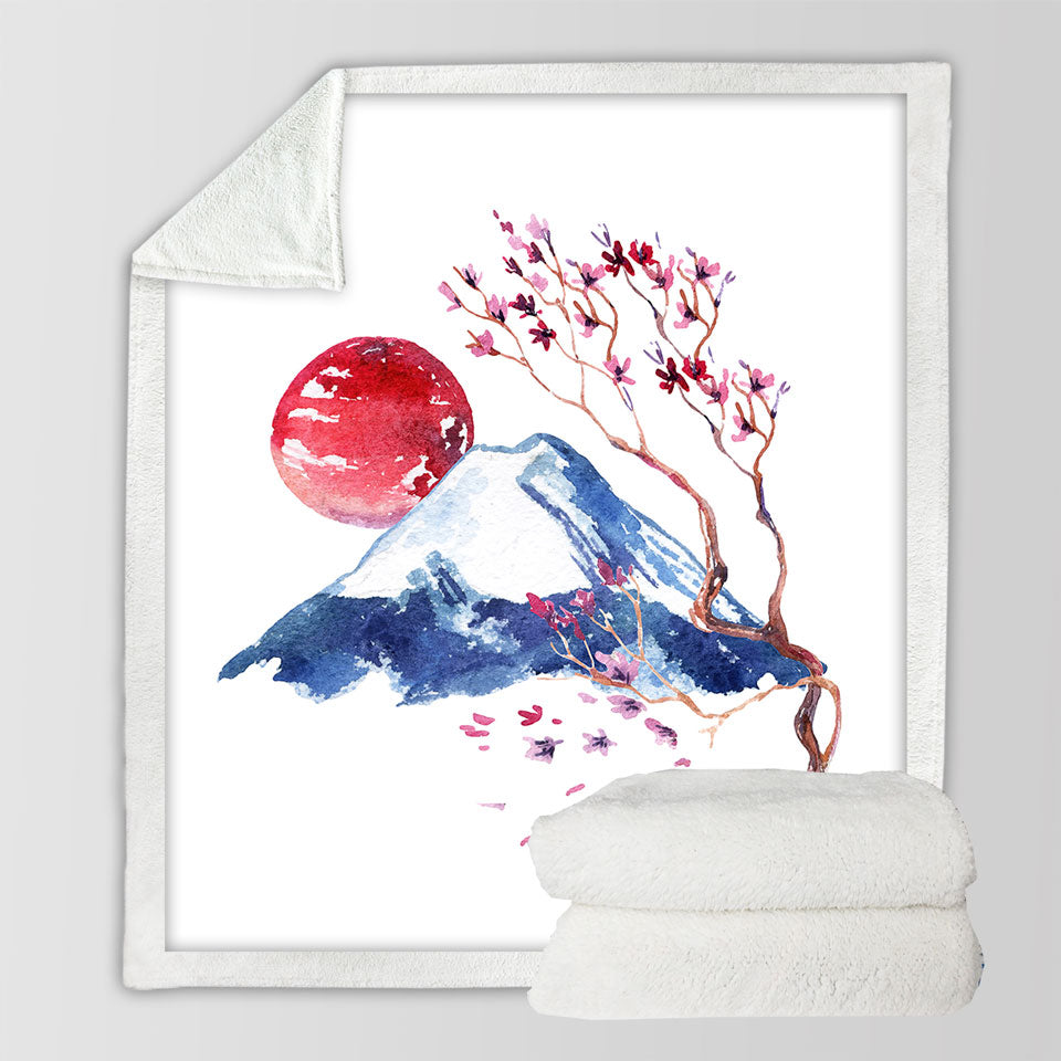 Japanese Art Decorative Blankets Mountain and Cherry Blossom