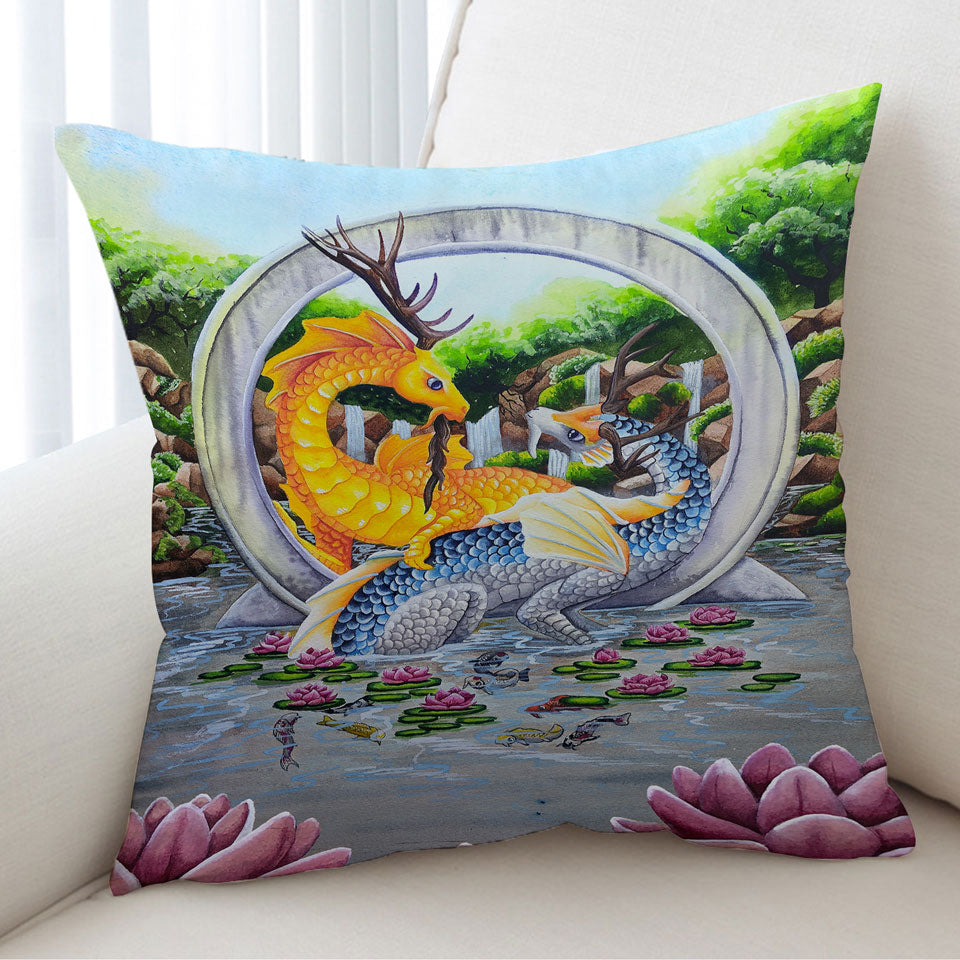 Japanese Art Decorative Cushions Water Lilies Garden Unity Koi Dragons