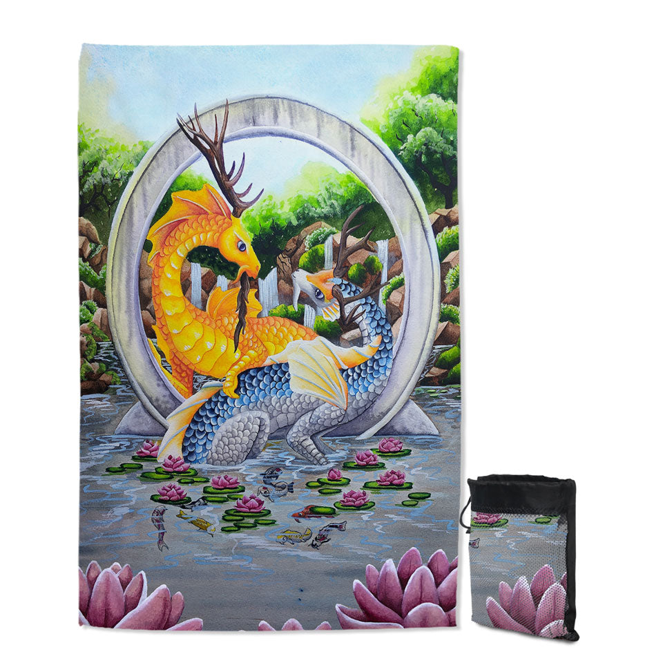 Japanese Art Microfiber Towels For Travel Water Lilies Garden Unity Koi Dragons