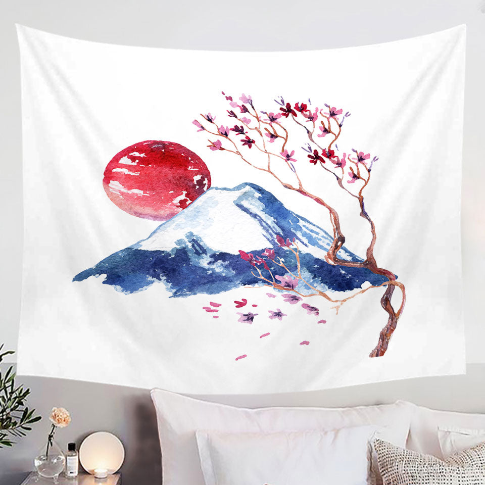 Japanese Art Mountain and Cherry Blossom Wall Decor Tapestry