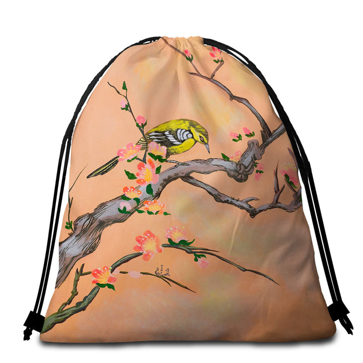 Japanese Art Painting Bird in Cherry Tree Beach Towel Bags