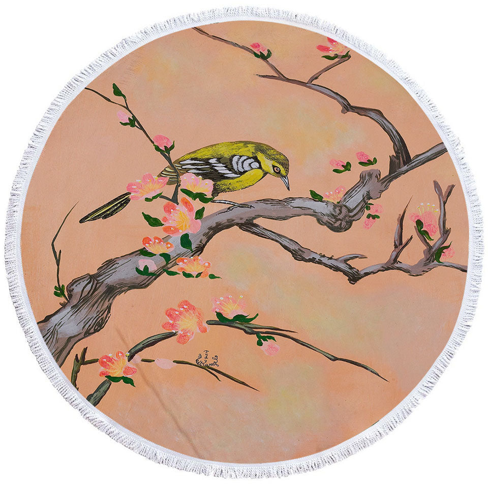 Japanese Art Painting Bird in Cherry Tree Circle Beach Towel