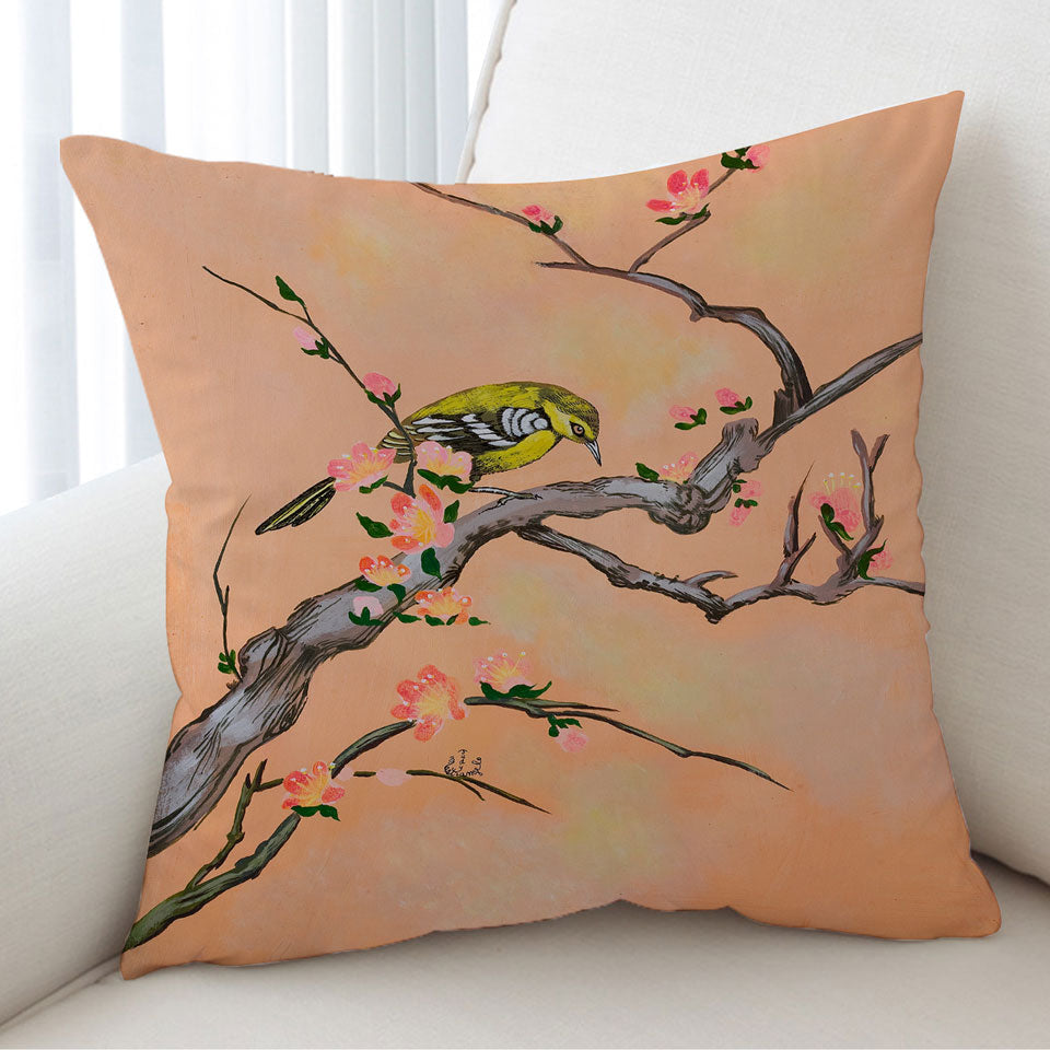 Japanese Art Painting Bird in Cherry Tree Cushion