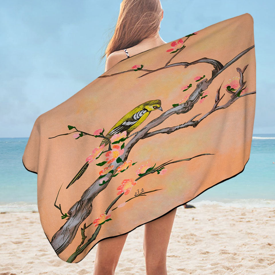 Japanese Art Painting Bird in Cherry Tree Microfiber Beach Towel