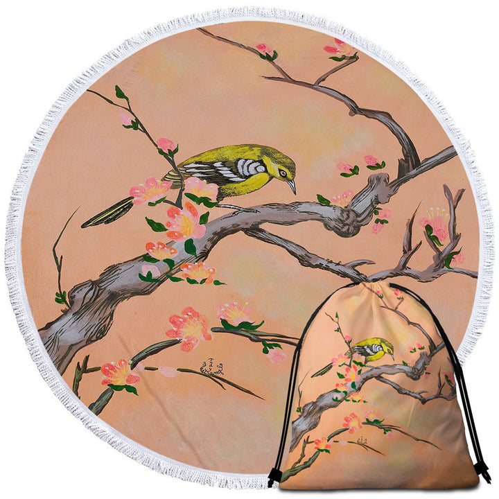Japanese Art Painting Bird in Cherry Tree Round Beach Towel