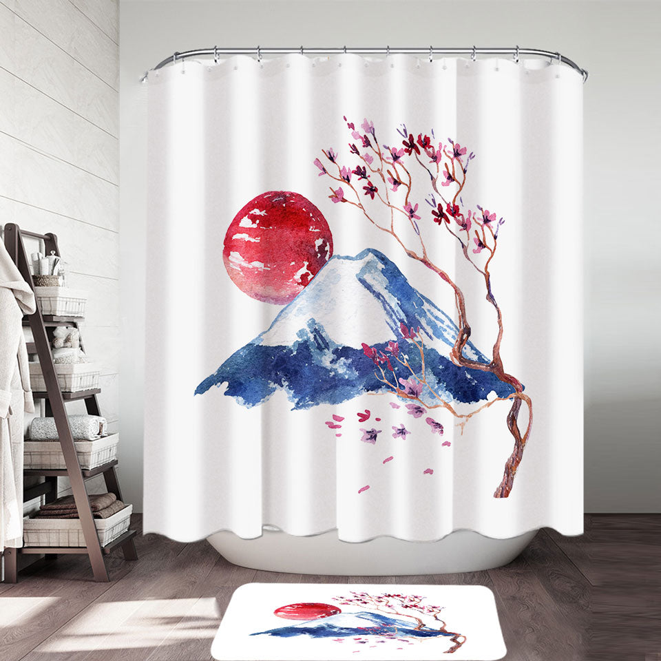 Japanese Art Shower Curtains Mountain and Cherry Blossom