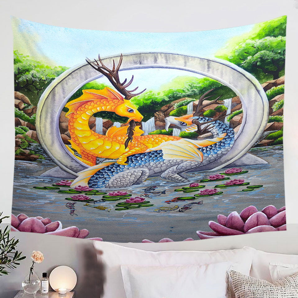 Japanese-Art-Wall-Decor-Tapestry-Water-Lilies-Garden-Unity-Koi-Dragons