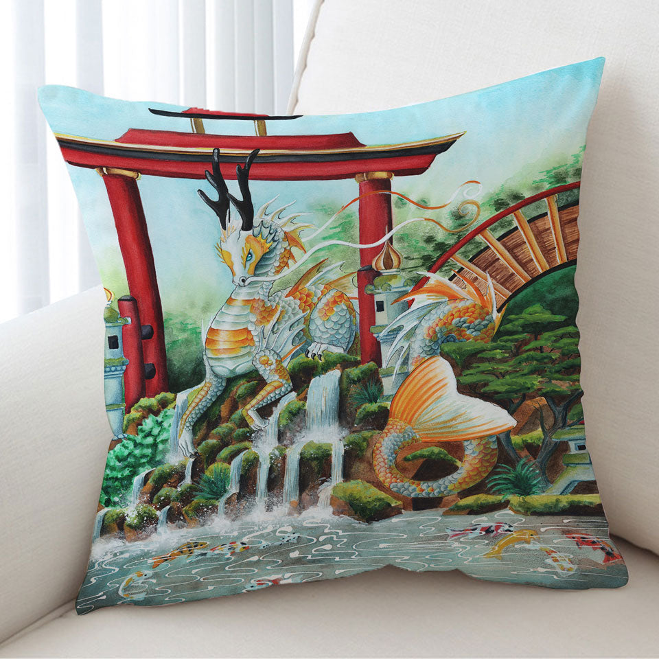Japanese Garden Cushion Covers Koi Fish and Dragon
