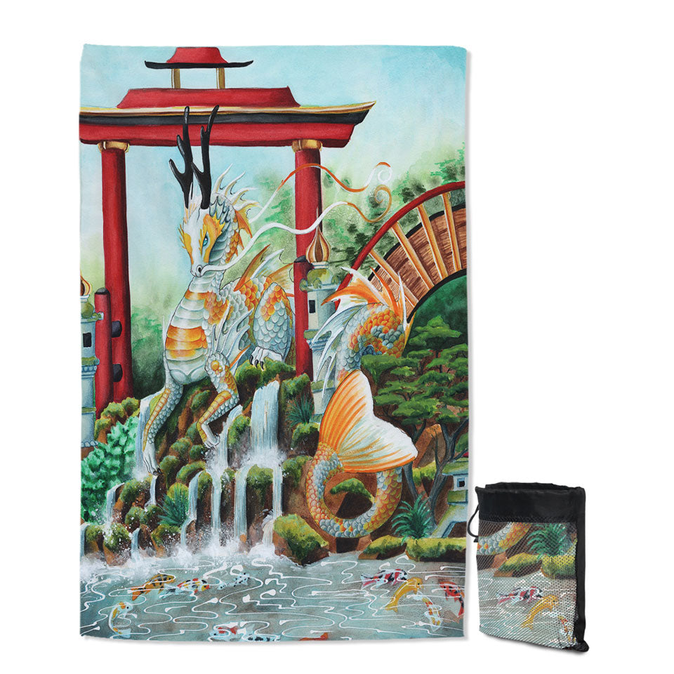 Japanese Garden Lightweight Beach Towel Koi Fish and Dragon