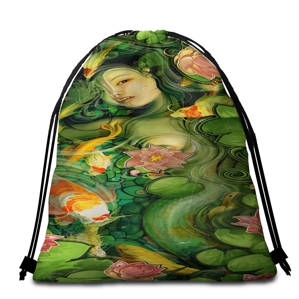 Japanese Koi Water Lilies and Beautiful Girl Beach Bags and Towels